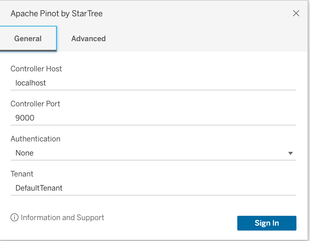 Apache Pinot Connection Dialog