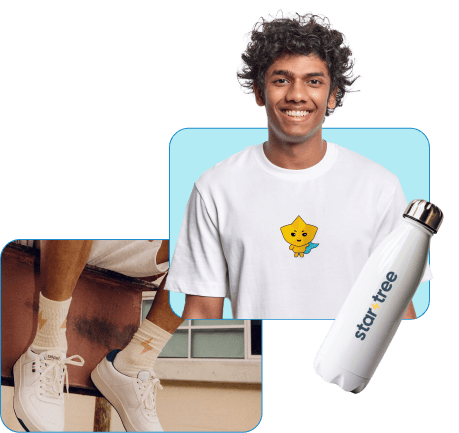 Socks with lightning bolts, overlayed by a man wearing a t-shirt with the dash mascot, with a white water bottle with the startree logo on top