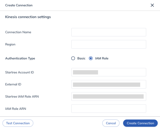 Kinesis connection settings for IAM auth in the Data Manager UI