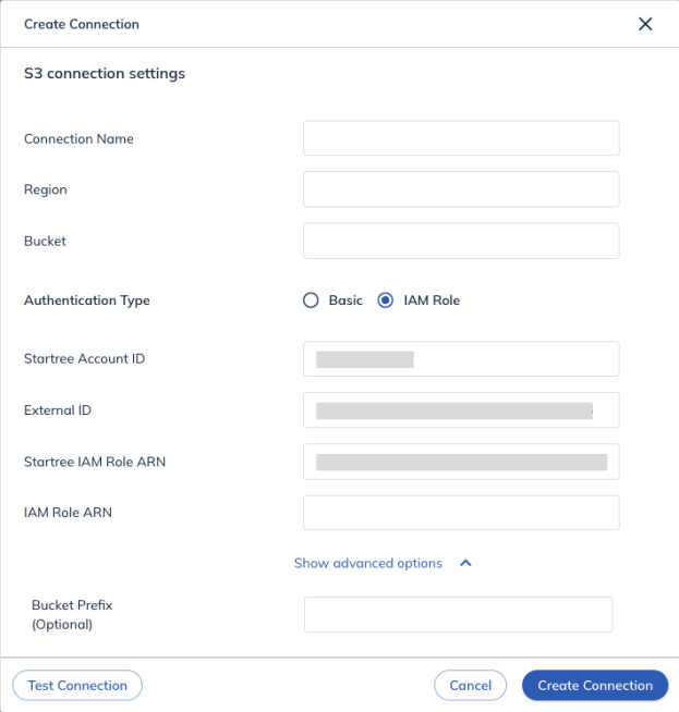 S3 connection settings for IAM auth in the Data Manager UI
